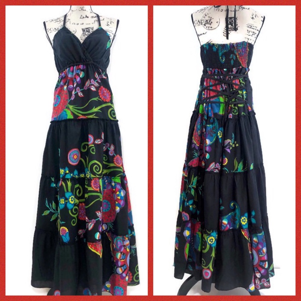 CLEARANCE-Bohemian Floral Maxi Dress - Black with Multicolor Print